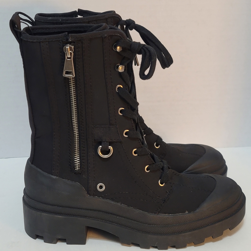 Zara Black Canvas Women's Combat Boots Chunky Heel Lace-up Zip-up Sz40 (US Sz9)